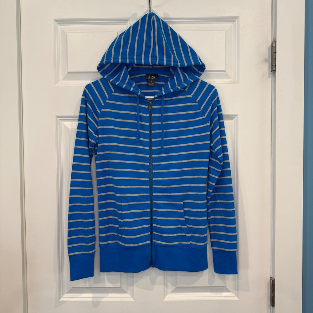 Dots Blue Grey Striped Full Zip‎ Hoodie Womens Size Medium Sweatshirt